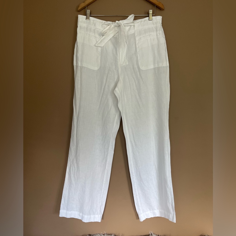 {Cremieux} Straight Leg High-Rise Linen Pants with Tie Waist in White - Large
